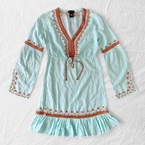 Moda International boho embroidered mint tunic mini dress